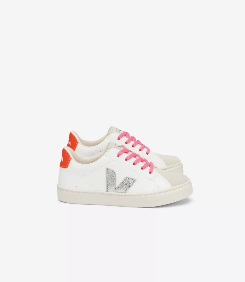 Kids VEJA Kids<ESPLAR LACES LEATHER WHITE SILVER ORANGE FLUO