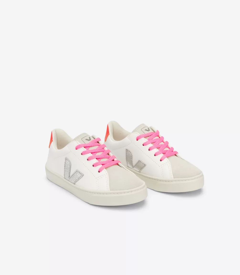 Kids VEJA Kids<ESPLAR LACES LEATHER WHITE SILVER ORANGE FLUO