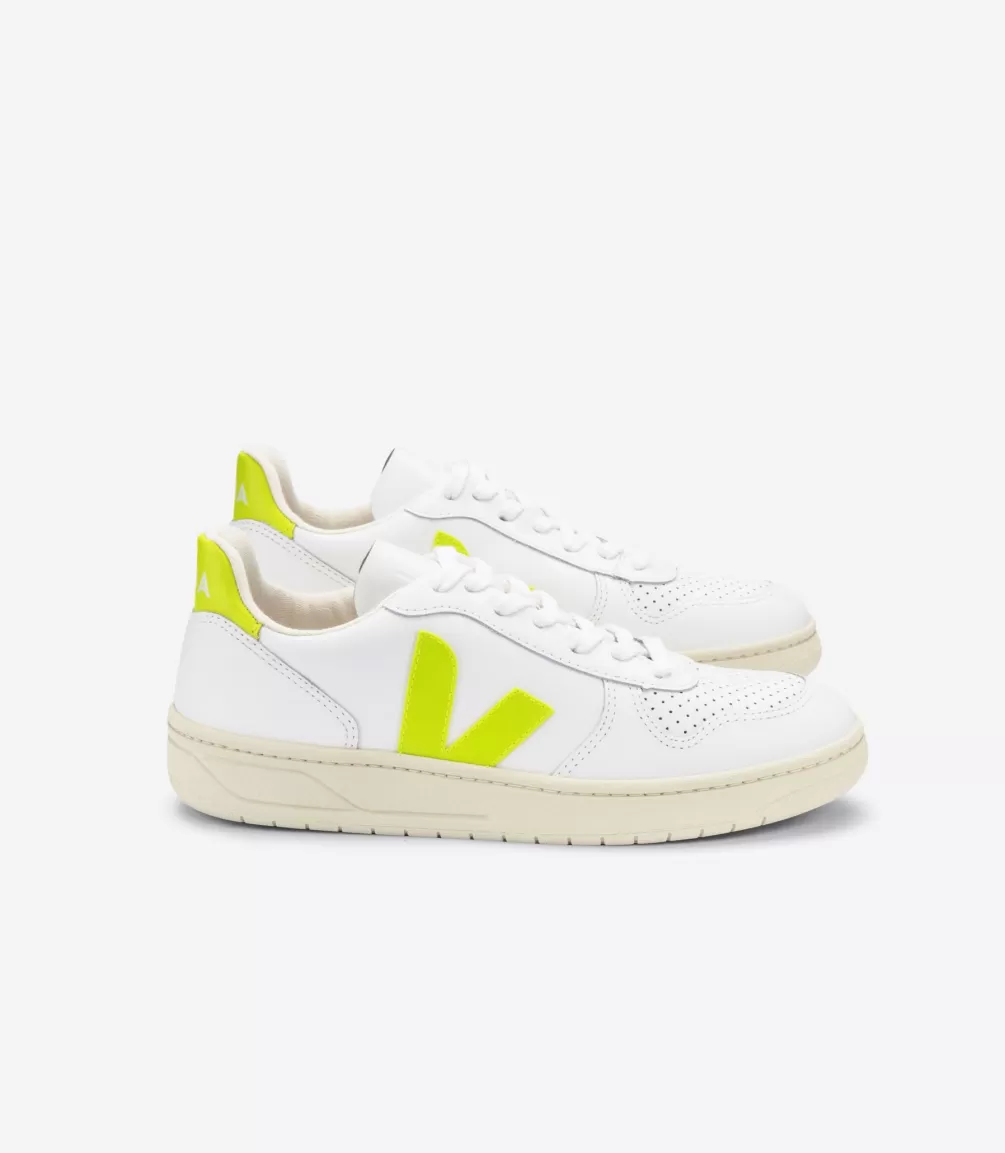 VEJA Adults<V-10 LEATHER WHITE JAUNE FLUO