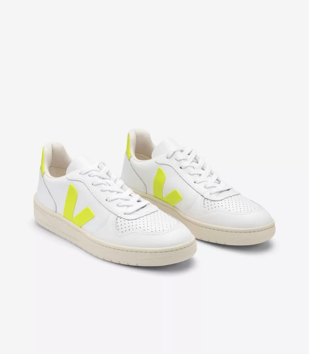 VEJA Adults<V-10 LEATHER WHITE JAUNE FLUO